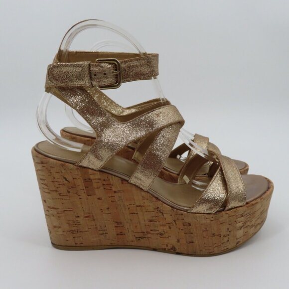Stuart Weitzman Women 9M Gold Glitter Cork Platform Wedge Sandals Strappy Shoes - Picture 7 of 13